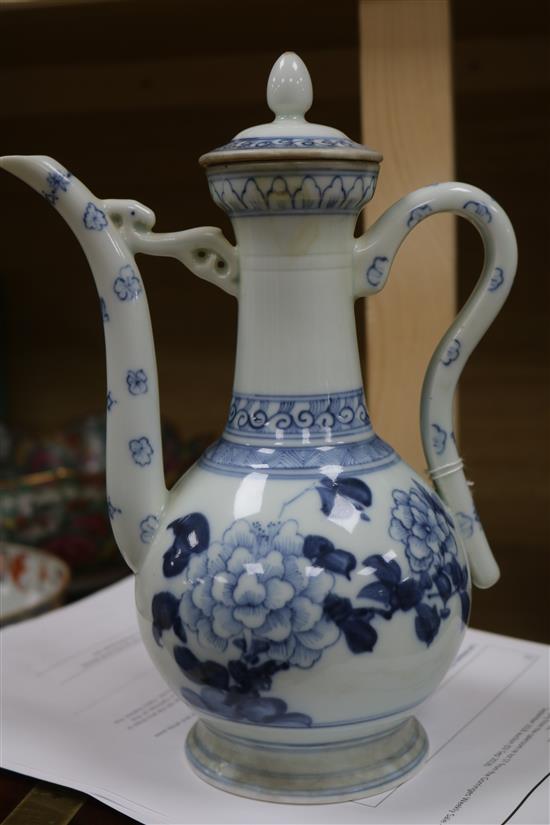 A 19th century Chinese blue and white ewer and cover height 25cm